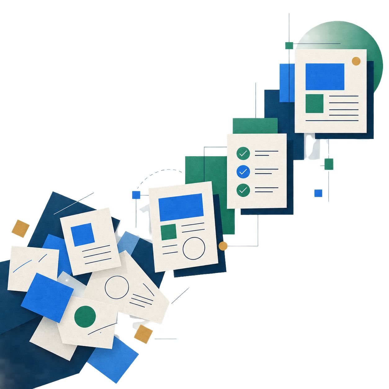 Illustrated stages of growth from scattered papers to organized work and completed checklists