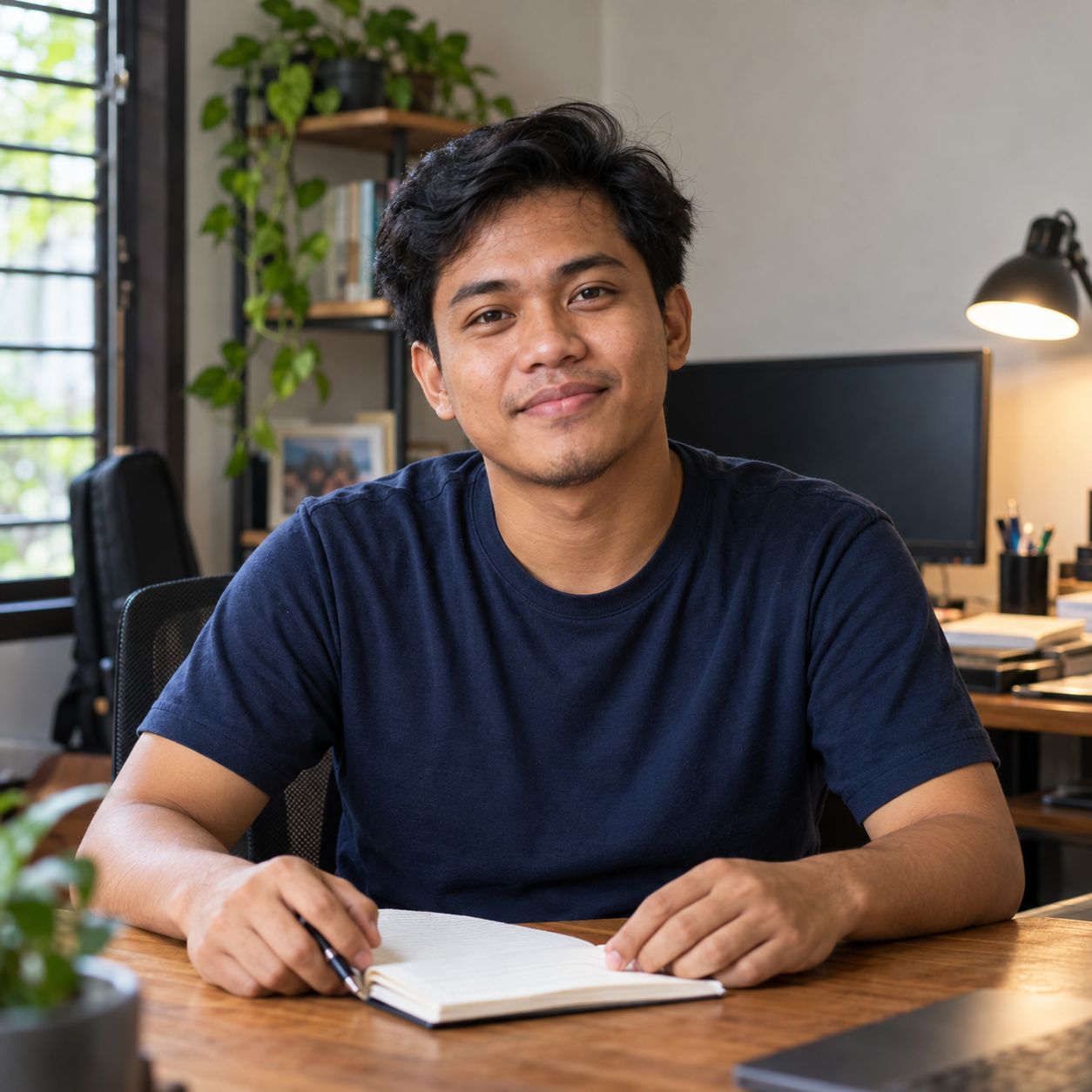 Candidate seated at a desk with a notebook